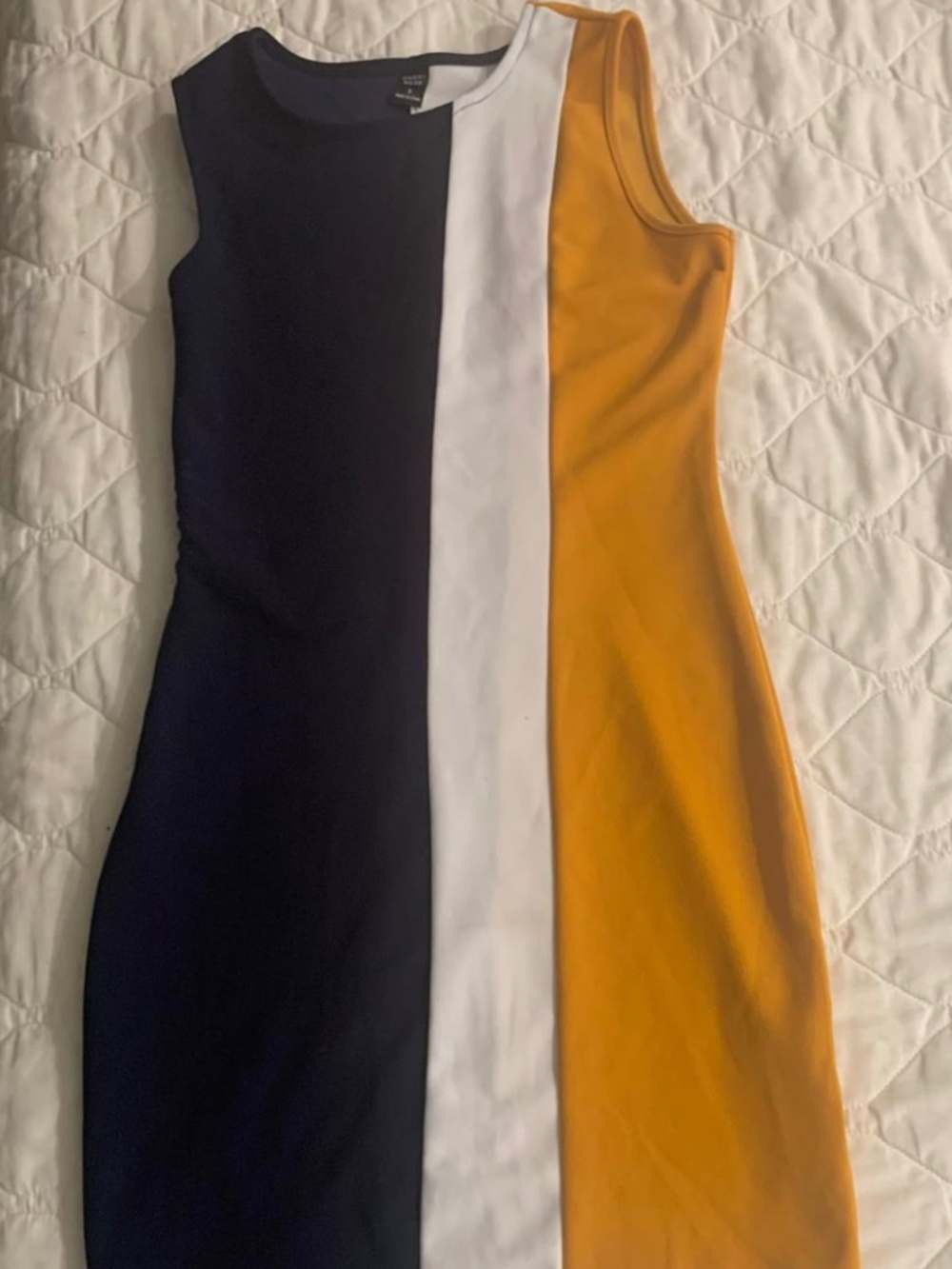 Colorblock dress-navy, white, gold sleeveless body con asymmetrical Size Sm